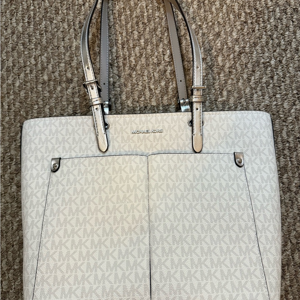 Michael Kors Silver and Black Jet Medium Tote Bag with signature MK pattern